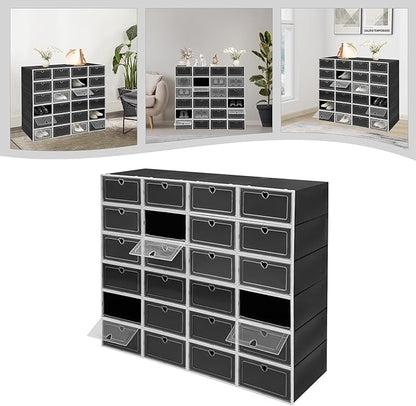 24 Pack Shoe Storage Boxes, Clear Stackable Shoe Organizer for Closet with Flip Lid, Foldable Plastic Shoe Boxes Sneaker Containers for Entryway, Closet, Under Bed (Black, Heart Hole)