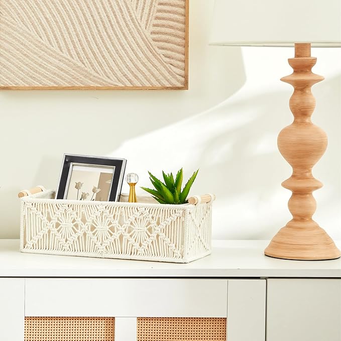 Nonam Macrame Storage Baskets, Boho Decor Style Woven Storage Boxes for Home Organization, Toilet Tank Shelf Cabinet Organizer Baskets,Set of 2- Warm White-X