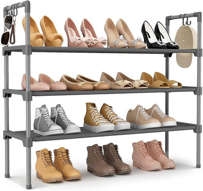 LANTEFUL 3 Tier Shoe Rack for Closet, Shoe Organizer with 5 Hooks, Long Shoe Shelf Storage for Shoe and Boot Stackable Free Standing Shoe Rack for Entryway, Garage, Small Spaces, Dorm, Grey