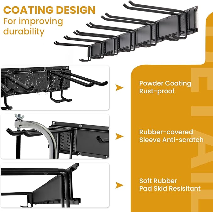 Garage Tool Organizer Wall Mount, 48" Heavy Duty Metal Storage Rack with 3 Rails & 6 Adjustable Double Hooks, Wall Mounted Garden Tool Hanger for Rakes, Shovels, Brooms, Garage Shed & Workshop