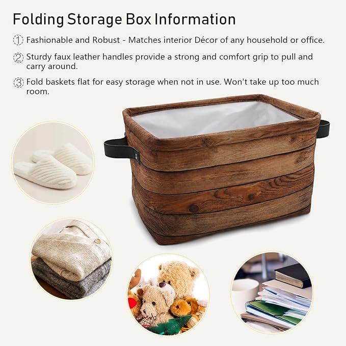 Wood Print (Not Real Wood) Rectangular Retro Vintage Storage Basket Organizer Bin Shelf Baskets For Clothes Gifts For Home Office Dorm