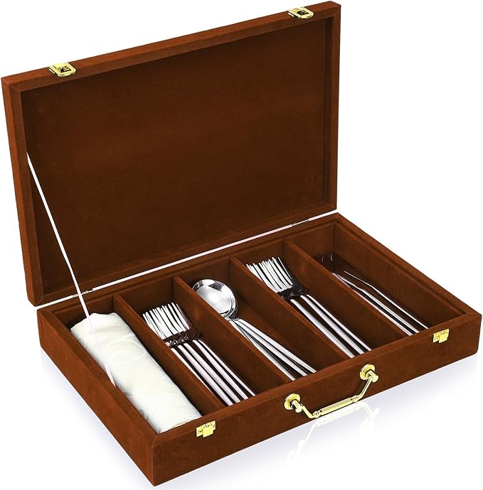 Pickmesh Silverware Case with Lid and Handle, Silverware Storage Box Sterling Silver Flatware Chest Without Silver Tarnish Proof Utensils Organizer for Kitchen Decor Wedding Gifts(Coffee,1 Layer)