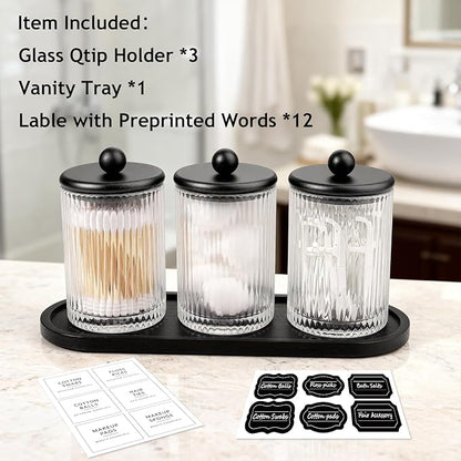 SheeChung 3-Pack Qtip Holder, Apothecary Jars with Bamboo Tray - Modern Industrial Bathroom Organizer Set for Cotton Rounds, Swabs & Flossers - Minimalist Vanity Storage Canister (Matte Black Glass)