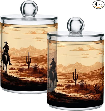 4 Pack Apothecary Jars Bathroom Vintage Western Cowboy Qtip Holder Dispenser Clear Plastic Storage Canister Jar with Lid for Cotton Ball, Cotton Swab