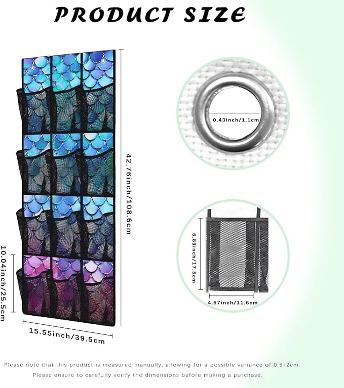 Over the Door Organizer with 12 Mesh Pockets, Space Saving Hanging Storage for Bedroom, Bathroom, Pantry, Clear View Window & Reinforced Mesh Pockets,Fish Scale