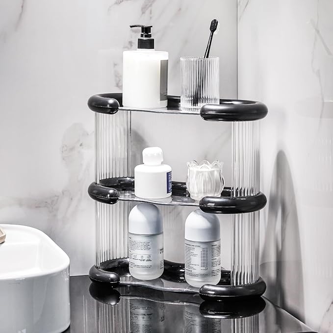 SYNCVIBE 3 Tier Bathroom Countertop Organizer Perfume Display Tray for Dresser Makeup Organizer Shelf for Vanity Bathroom Storage Perfume Tray Home Storage Holder for Skincare (Black, Oval)