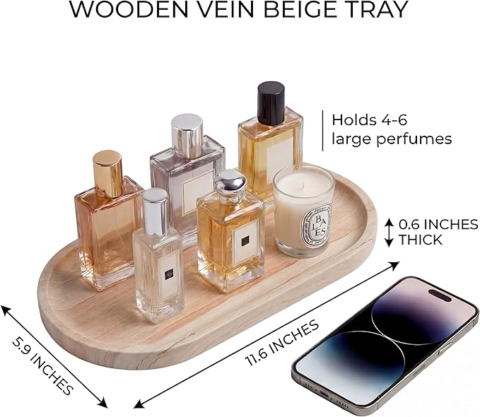 YKAJO Oval Real Marble Tray for Bathroom Kitchen Counter Stone Decorative Vanity Tray for Dresser Perfume Heavy Catchall Organizer for Soap Jewelry (Wooden Vein Beige, 11.8" x 5.9")