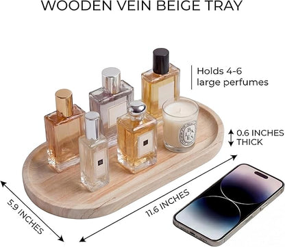 YKAJO Oval Real Marble Tray for Bathroom Kitchen Counter Stone Decorative Vanity Tray for Dresser Perfume Heavy Catchall Organizer for Soap Jewelry (Wooden Vein Beige, 11.8" x 5.9")