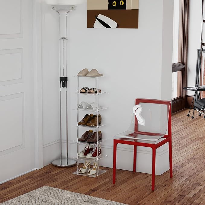 Aquiver Acrylic Vertical Shoe Rack - Free Standing Shoe Rack 7 Tier Shoe Storage Organizer Narrow Shoe Rack for Small Spaces, Entryways, Living Rooms, Bedrooms, 11'' L x 11'' W x 41.7'' H
