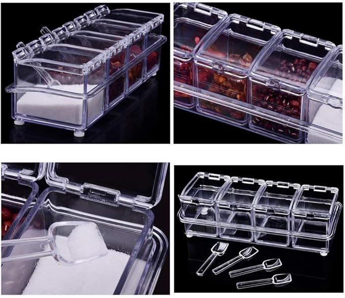 KPS Spice Storage Container Box, Crystal Seasoning box with 4 compartment and spoons, Acrylic seasoning Masala Box (pack of 1)