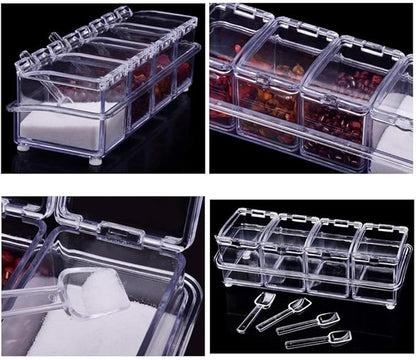 KPS Spice Storage Container Box, Crystal Seasoning box with 4 compartment and spoons, Acrylic seasoning Masala Box (pack of 1)