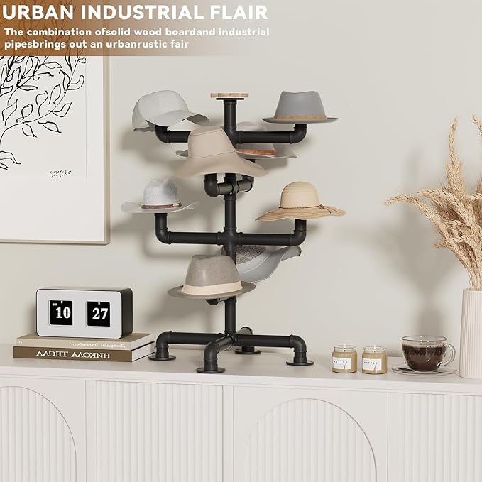4-Tier Hat Racks Heavy Duty Metal Pipe Hat Display - 8 Rustic Solid Wood Hooks Free Standing Cap Organizer for Hats Wigs Headwear Tabletop Display