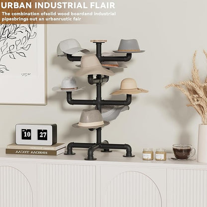 4-Tier Hat Racks Heavy Duty Metal Pipe Hat Display - 8 Rustic Solid Wood Hooks Free Standing Cap Organizer for Hats Wigs Headwear Tabletop Display