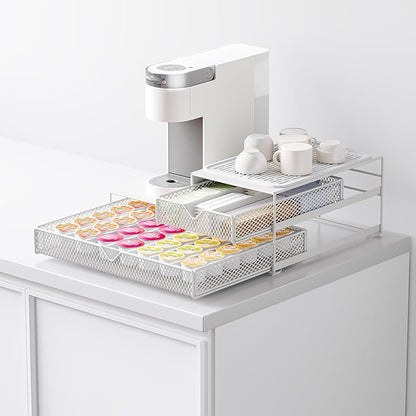 K Cup Organizer for Countertop - Solid Metal 60 Coffee Pod Holder Storage Drawer, Reinforced Steel Stand Compatible with Keurig K-Cup Pods, Anti-Vibration & No-Sag Design, No Assembly Required (White)