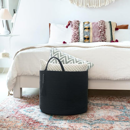 Mkono Woven Storage Basket Decorative Natural Rope Basket Wooden Bead Decoration for Blankets,Toys,Clothes,Shoes,Plant Organizer Bin with Handles Living Room Home Decor, 16" W×13.8" L, Black