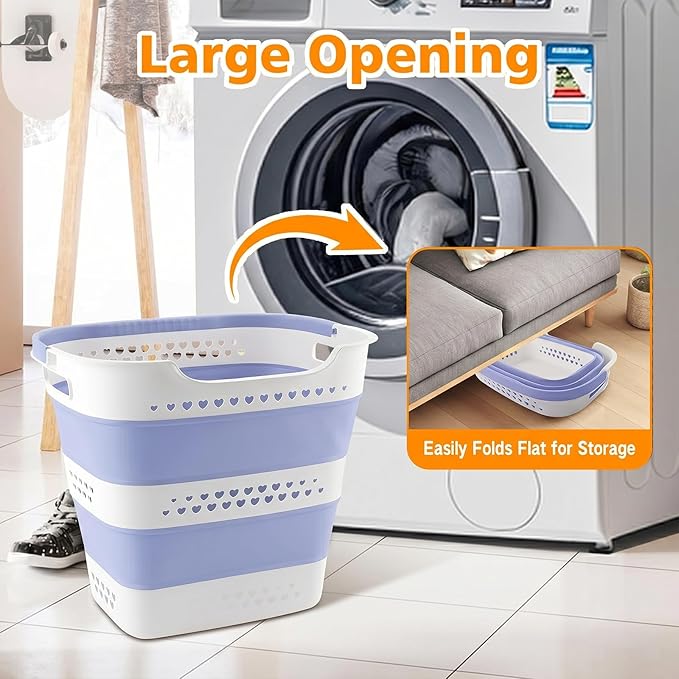 Collapsible Plastic Laundry Basket Hamper with Handles, Foldable Pop Up Storage Container Organizer for Washing Storage, Blue