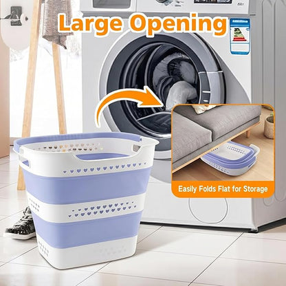 Collapsible Plastic Laundry Basket Hamper with Handles, Foldable Pop Up Storage Container Organizer for Washing Storage, Blue