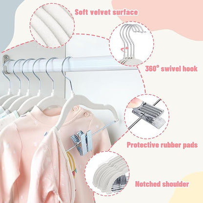 ManGotree 11.8'' Baby Velvet Hangers with Movable Clips, Non-Slip Kids Felt Hangers, Ultra-Thin Space-Saving Children's Clothes Hangers for Skirts, Pants, Dresses, Shirts, Jackets (28 Pack, White)