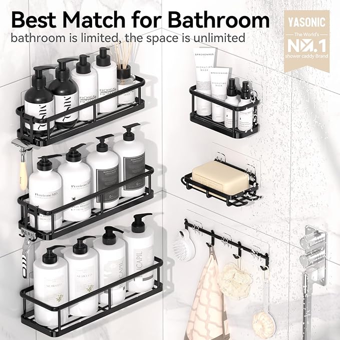 YASONIC Shower Caddy Adhesive, 100% Rustproof Shower Organizer with Soap Holder, 6 Pack Large Capacity shower Shelves for Inside Shower, No Drilling Bathroom Organizers and Storage for Home Decor