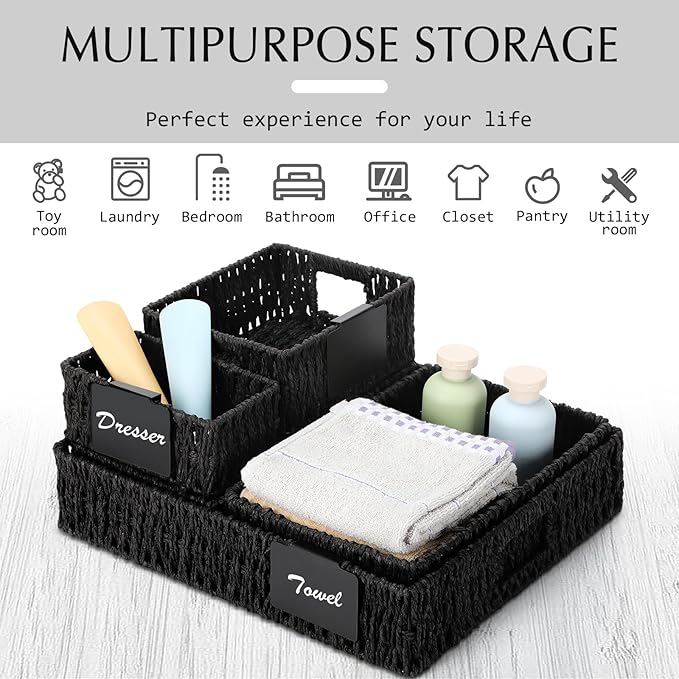 Marsui 9 Pcs Paper Rope Storage Baskets with Handle Labels Handwoven Multi-size Black Storage Bins for Organizing Small Baskets Container for Shelves Closet Pantry Toilet