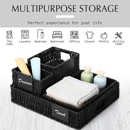 Marsui 9 Pcs Paper Rope Storage Baskets with Handle Labels Handwoven Multi-size Black Storage Bins for Organizing Small Baskets Container for Shelves Closet Pantry Toilet