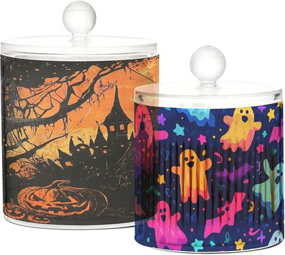 2 Pack Qtip Dispenser Apothecary Jars with Lids Cotton Round Holder Bathroom Canisters for Cotton Swab Floss Ball Pads Clear Plastic Decorative Orange Halloween Castle Ghosts Star