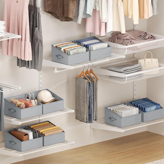 DIMJ Storage Bins for Closet, Trapezoid Storage Bins with Front Handle, Fabric Storage Baskets for Shelves, Line Closet Organizers for Toys, Boooks, Clothes, 6 Packs (Grey)