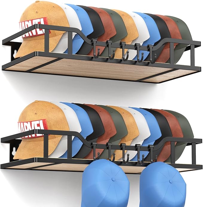 Natural Wood Hat Racks for Baseball Caps Peaked Caps Wall Hat Organizer Fit 40 Caps Holder, 2 Packs Sturdy Wall Mounted Snapback Storage Organizer, Black