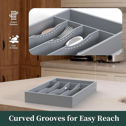 Silverware Organizer, Bamboo Kitchen Drawer Organizer, Utensil Holder, Cutlery Tray & Spoon Flatware Storage with Grooved Drawer Dividers(Grey, 9.5''W x 13.5''D)
