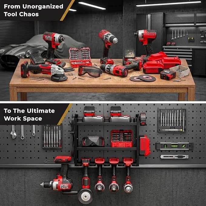 BUILTSTRONG Power Tool Organizer Wall Mount – 3-Tier Heavy-Duty Steel Rack, 6 Drill Slots, Dual Pegboard Sides, Side-by-Side Modular, 100 lb Capacity – Garage & Workshop (Black)