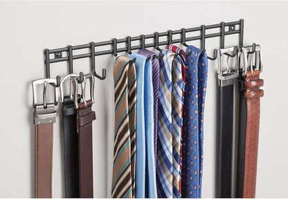 mDesign Closet Wall Mount Metal Accessory Organizer and Storage Center - Modern Slim Holder for Womens and Mens Ties, Belts, Scarves, Sunglasses, Watches - 12 Hooks, 2 Pack, Matte Black