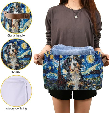 Large Storage Basket Berner Dog Starry Night Storage Bin Cube Canvas Fabric Organizer Handles Collapsible for Clothes Toys Bedroom Decorative