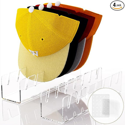 4 Pcs Hat Stand for Baseball Caps, No Install Acrylic Hat Organizer for 28 Baseball Caps, Hat Holder Hat Storage Hat Display Baseball Cap Rack for Bedroom, Closet, Dresser, Office (Clear)