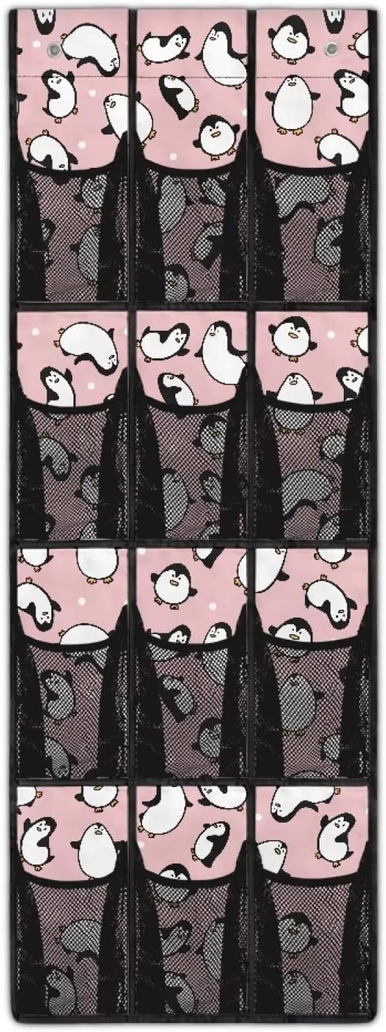 Pink Shoe Organizer Over The Door 12 Pockets Door Hanging Storage for Closet Cute Penguin Wall Hanging Storage for Bathroom Easy to Install Shoe Holder Hanger