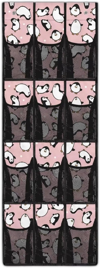 Pink Shoe Organizer Over The Door 12 Pockets Door Hanging Storage for Closet Cute Penguin Wall Hanging Storage for Bathroom Easy to Install Shoe Holder Hanger
