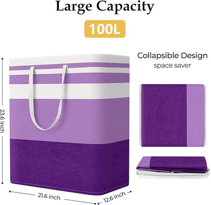 StorageRight Large Collapsible Laundry Basket Hamper with Easy Carry Handles，Freestanding Clothes Hampers for Laundry, Bedroom, Dorm, Towels, Toys, 100L, Purple