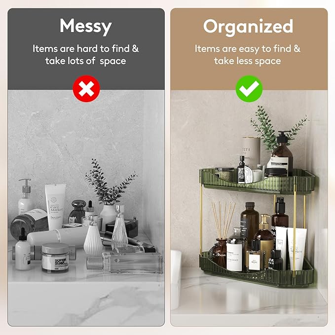 Lifewit 2-Tier Corner Bathroom Counter Organizer, Plastic Makeup Skincare Organizers Storage Countertop, Large Sink Cosmetic Perfume Shelf for Bedroom, Dresser, Kitchen, Vanity, Green, 25 cm/10inch(H)