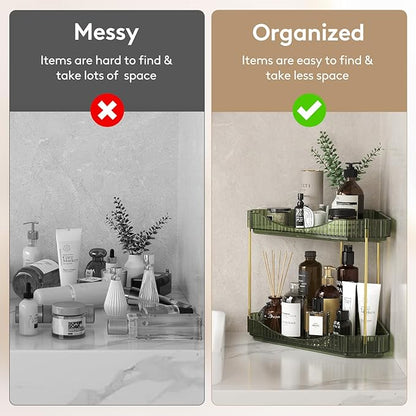 Lifewit 2-Tier Corner Bathroom Counter Organizer, Plastic Makeup Skincare Organizers Storage Countertop, Large Sink Cosmetic Perfume Shelf for Bedroom, Dresser, Kitchen, Vanity, Green, 25 cm/10inch(H)