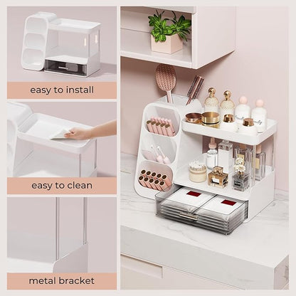 Makeup Organizer for Vanity with Brush Holder, 2 Tiers Countertop Skincare, Cologne Organizer and Perfume Stand for Bathroom Vanity, Large Capacity Makeup Storage, White