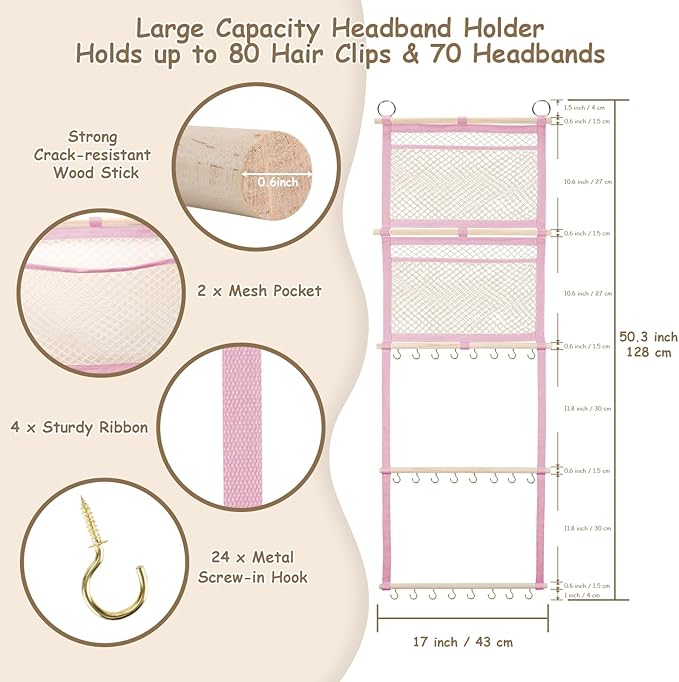 Headband Holder, 17x50in Bow Holder for Girls Hair Bows W/ 2 Mesh Pockets & 24 Metal Hooks, Baby Headband Bow Organizer, Wall Hanging Hair Accessories Storage for Toddler Room Nursery Decor(Pink)