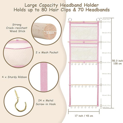 Headband Holder, 17x50in Bow Holder for Girls Hair Bows W/ 2 Mesh Pockets & 24 Metal Hooks, Baby Headband Bow Organizer, Wall Hanging Hair Accessories Storage for Toddler Room Nursery Decor(Pink)