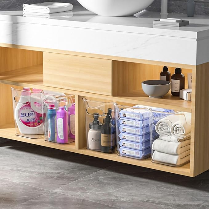 Tall Narrow Clear Bins with Dividers, Plastic Containers for Organizing Kitchens and Bathrooms - 14" L, 2 Pack