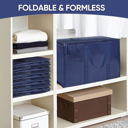TICONN 4 Pack Extra Large Moving Bags Heavy Duty with Zippers & Carrying Handles, Durable Storage Bags Moving Boxes for Closet Organizers and Storage (4 Pack, Navy)