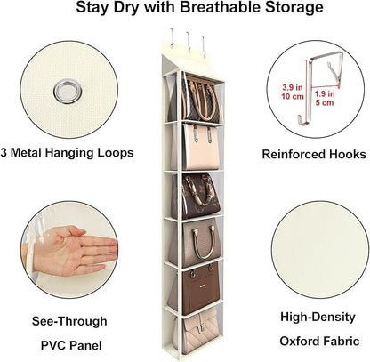 Lirex Over The Door Purse Organizer & Purse Shelf for Closet – Handbag Storage Organizer with Purse Hanger. Perfect for Scarves, Hats, and Leggings. L (15.7'' x 5.7'' x 68''), Cream White