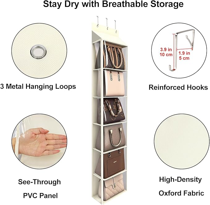 Lirex Over The Door Purse Organizer & Purse Shelf for Closet – Handbag Storage Organizer with Purse Hanger. Perfect for Scarves, Hats, and Leggings. S (11.8'' x 5'' x 51.6''), Cream White