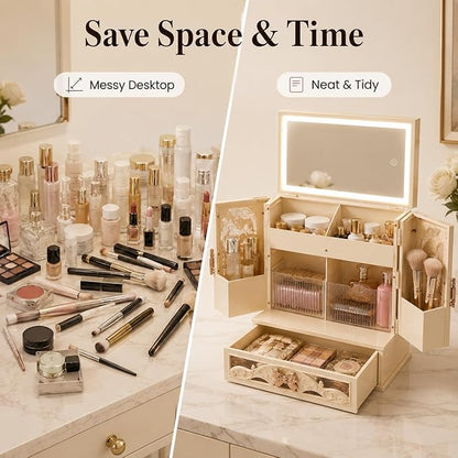 Lighted Vanity Makeup Organizer with Mirror, Large Vintage Cosmetic Storage Box with Drawers, Waterproof Dustproof Skincare & Beauty Organizer for Bathroom Counter, Gift for Women (Off-white)