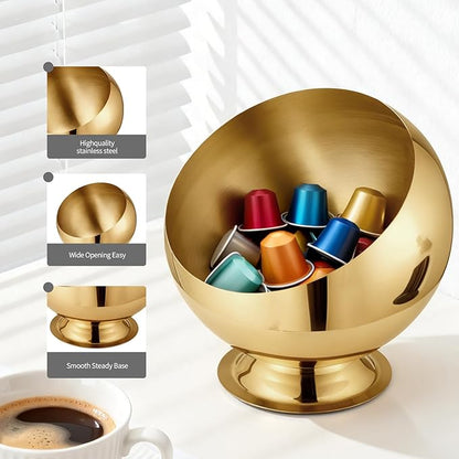 Coffee Pod Holder - Large Capacity Metal K Cup serve for Nespresso Pod Storage Container with Gold Finish, Multi-Use Creamer & Candy Bowl for Countertop, Coffee Bar Accessories(Gold)