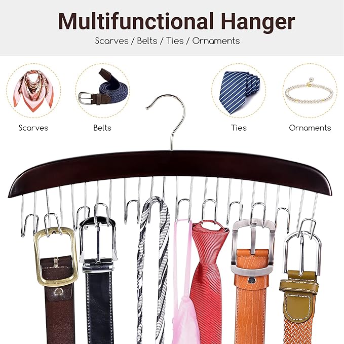 Belt Hanger Organizer for Closet: Ohuhu 12 Hooks Max 36 Belts Tie Rack Wooden Belt Holder for Storage 360 Degree Rotating Space Saver Organizer for Men Women Belt Tie Scarf Accessories-Walnut