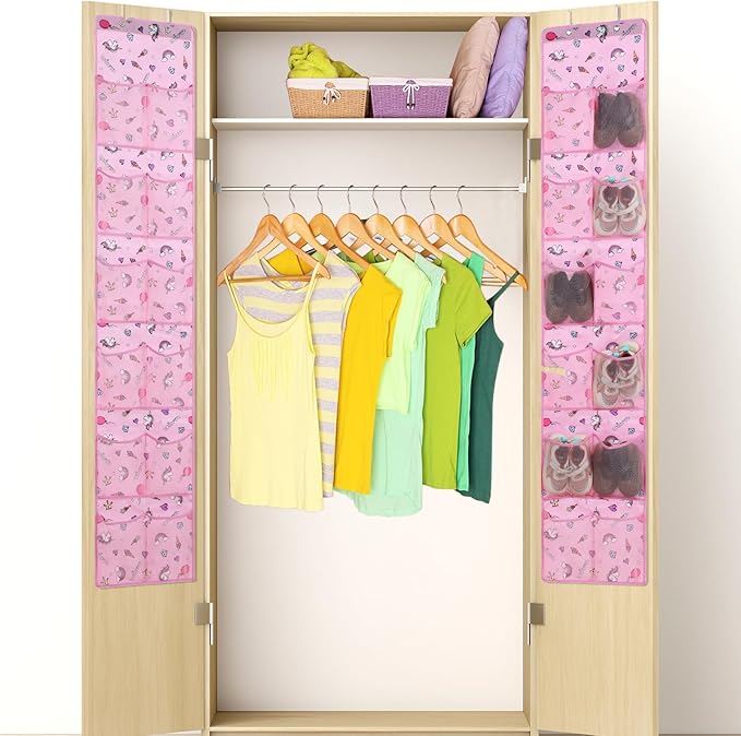 Windyun 2 Pcs Kids over The Door Shoe Organizer 24 Pockets Unicorn Baby Water Bottle Organizer Rack Hanging Girls Pink Shoe Storage for School Door Closet Bedroom Wall