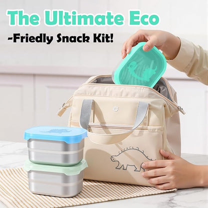 Tanjiae 3×8oz Small Stainless Steel Snack Containers for Kids and Toddlers - 230mL Leakproof Food Containers with Cute Dino Lids | LFGB Certified, Stackable Metal Snack Box for School, Daycare, Travel